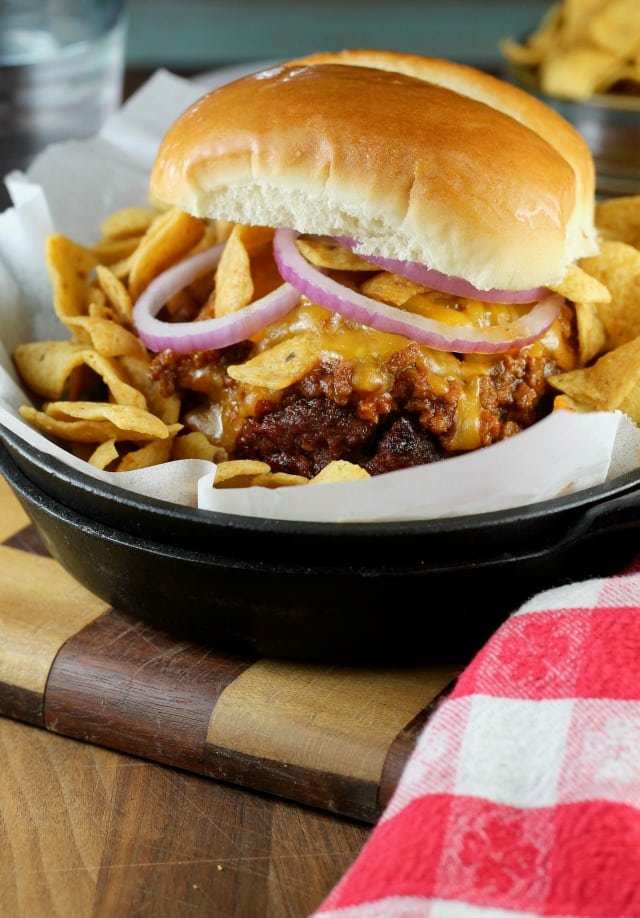 Barbecue Frito Chili Pie Burger ~ MissintheKitchen.com #BurgerMonth