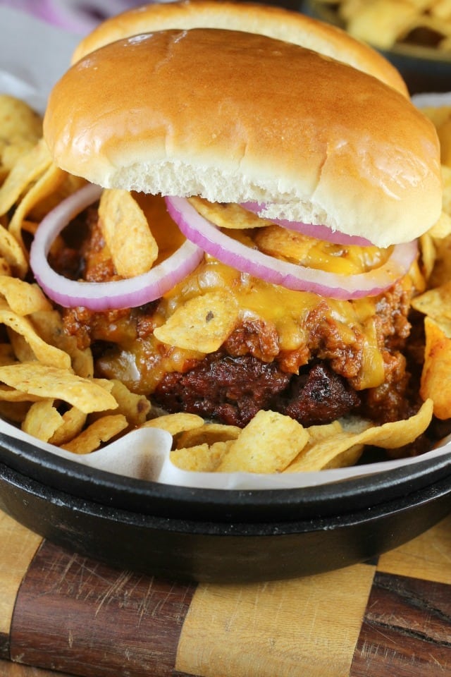 Barbecue Frito Chili Pie Burger for 2017 Burger Month from MissintheKitchen.com