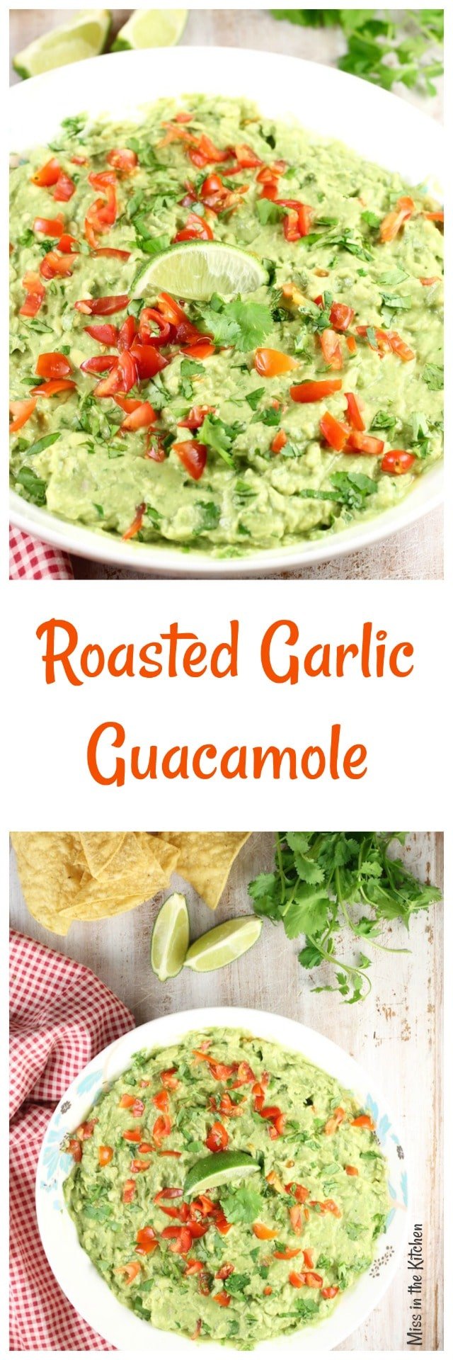 Roasted Garlic Guacamole Recipe ~ Delicious appetizer or served with your favorite Mexican dishes from MissintheKitchen.com