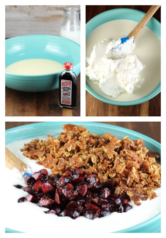Stirring together Cherry Crisp Ice Cream from MissintheKitchen.com #SummerDessertWeek