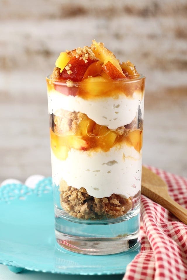 No Bake Peaches and Cream Cheesecake ~ a delectable summer dessert that is perfect for entertaining. From MissintheKitchen.com #SummerDessertWeek