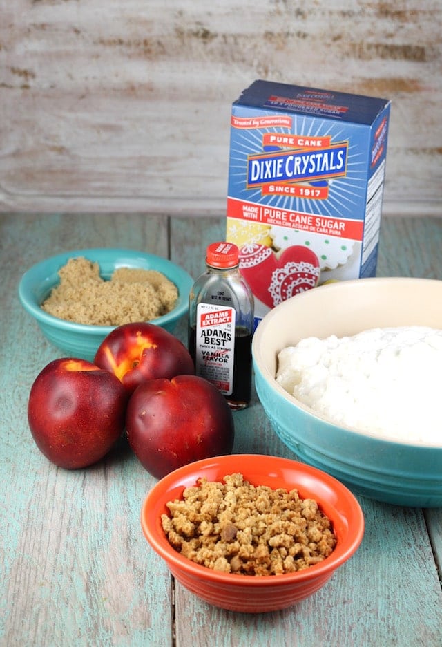 Ingredients for Peaches and Cream Cheesecake from MissintheKitchen.com #SummerDessertWeek