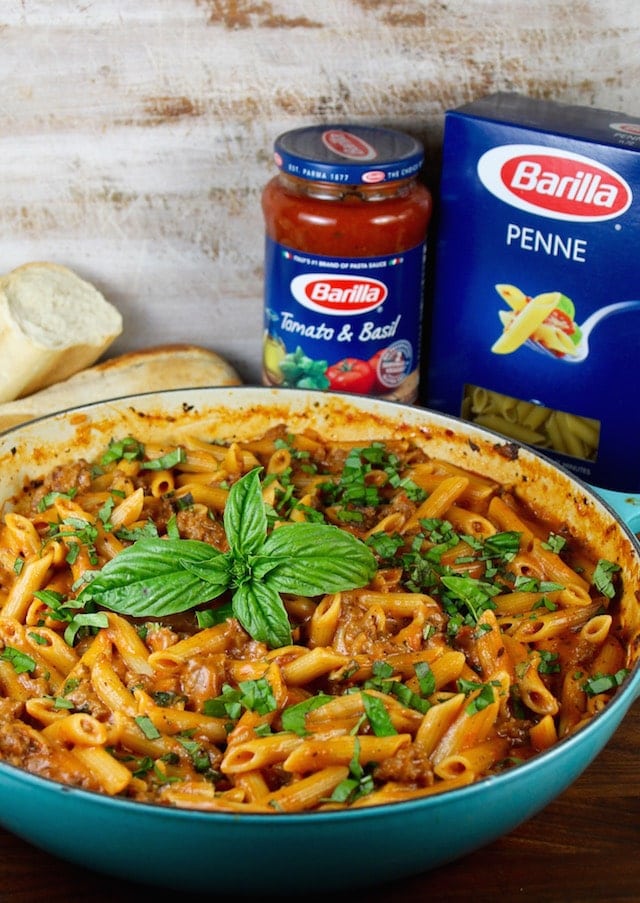 One Pot Sausage Penne Pasta with Barilla Pasta and Tomato Basil Sauce ~ Recipe from MissintheKitchen.com #ad 