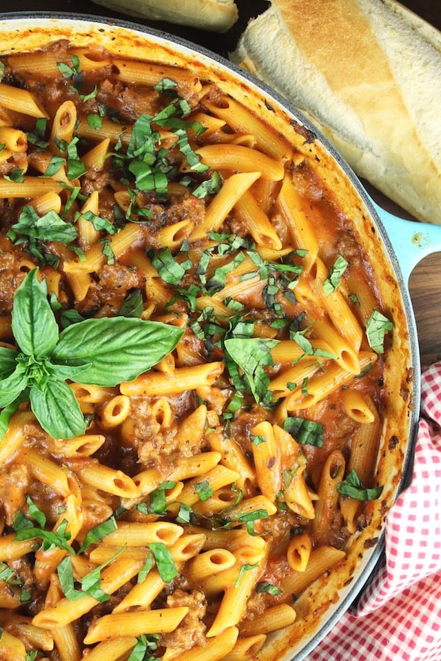 One Pot Sausage Penne Pasta Recipe from MissintheKitchen.com Sponsored by Barilla