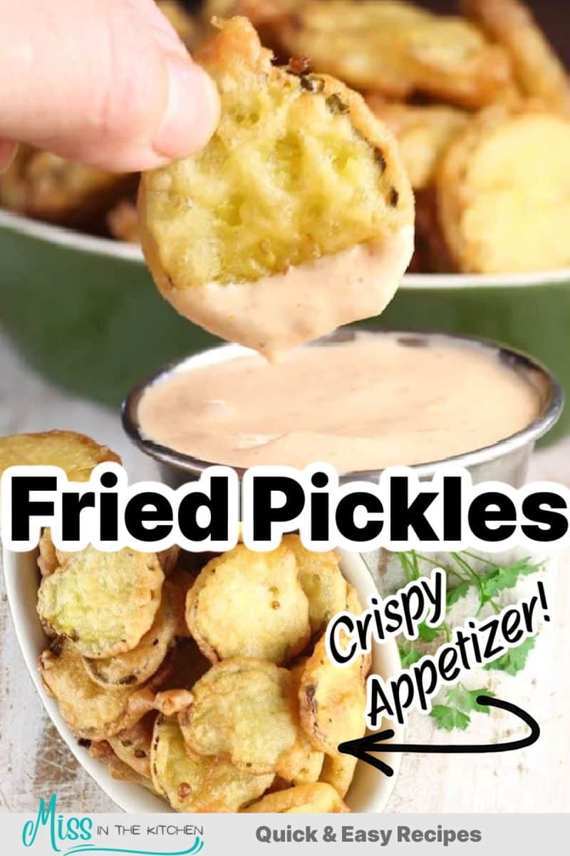 Collage: fried pickles dipping/in bowl.