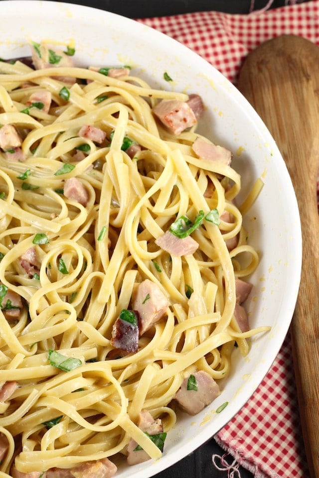 ceramic skillet with ham and pasta dinner