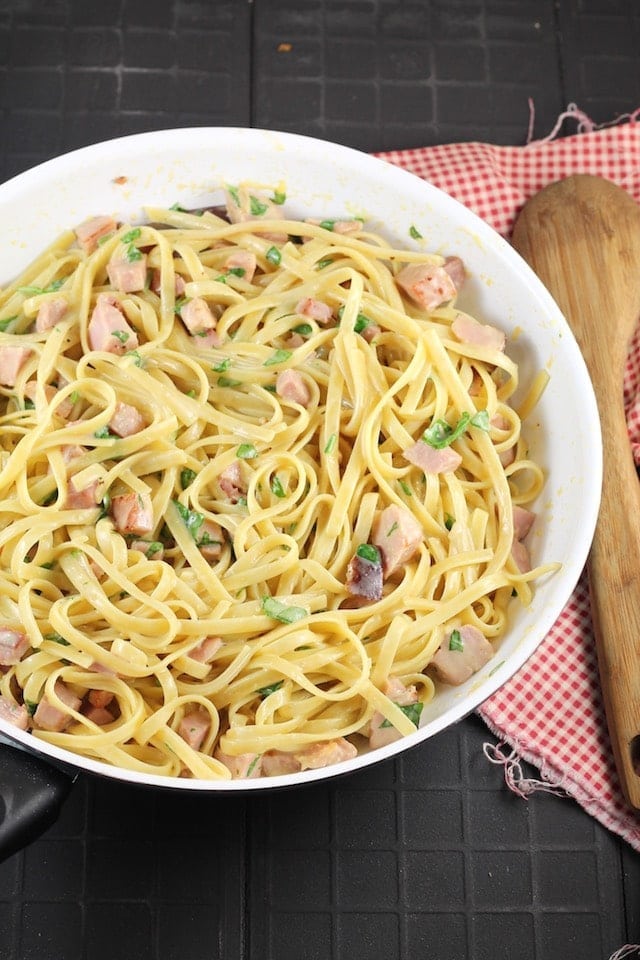 One Pot Cheesy Ham Pasta Recipe for a quick and easy dinner any night of the week. From MissintheKitchen.com