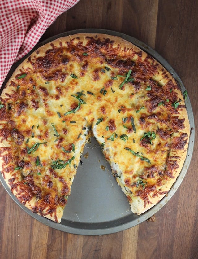 Homemade Sausage Mushroom Pesto Pizza Recipe from MissintheKitchen.com 