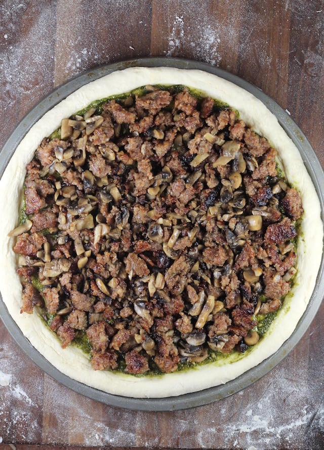 Sausage Mushroom Pesto Pizza Recipe ~ MissintheKitchen.com