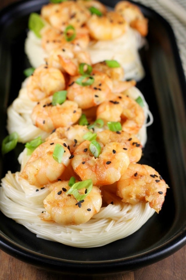 Miso Honey Garlic Shrimp Recipe ~ Quick and delicious dinner that comes together in less than 15 minutes! From MissintheKitchen.com #AD