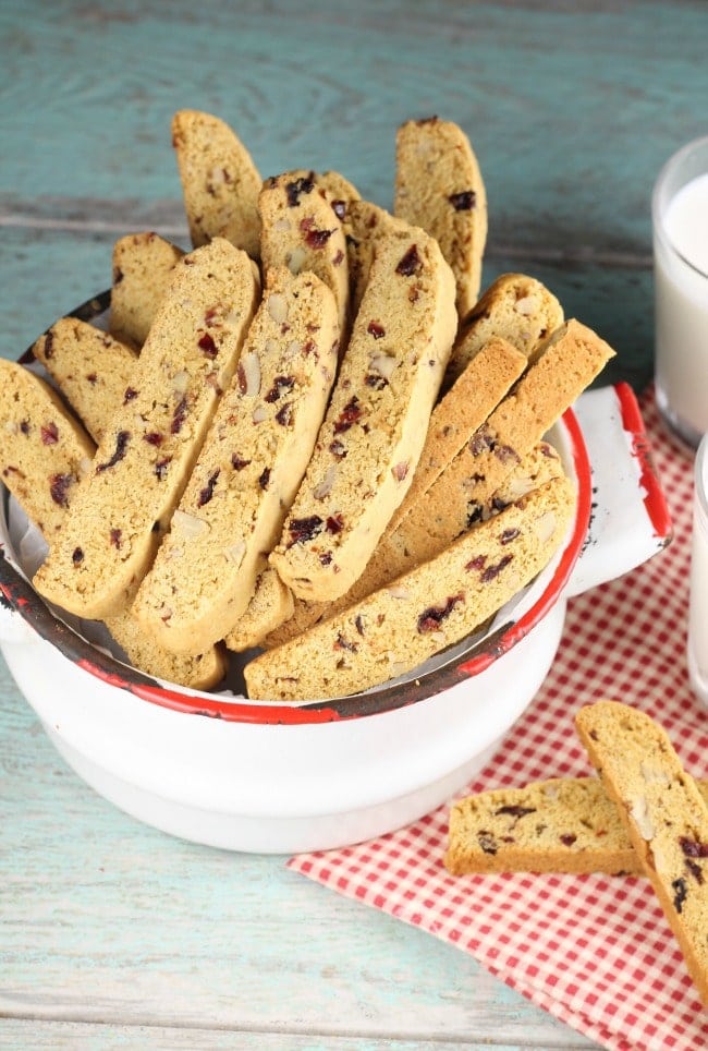 Cranberry Pecan Biscotti Recipe is perfect to bake and share for the holidays! From MissintheKitchen.com #cookies #biscotti #Christmas #christmascookies #pecans #cranberries