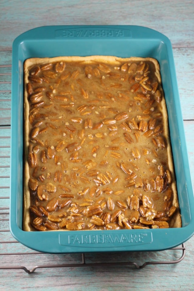 Ready for the Oven - Brown Sugar Pecan Pie Bars Recipe ~ MissintheKitchen.com #AD