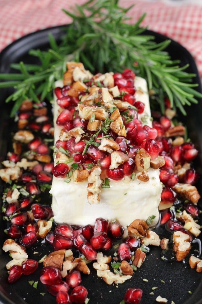 Easy Holiday Appetizer: Pomegranate Pecan Party Appetizer ~ Just 5 ingredients!! Recipe from MissintheKitchen.com #holiday #party #appetizer