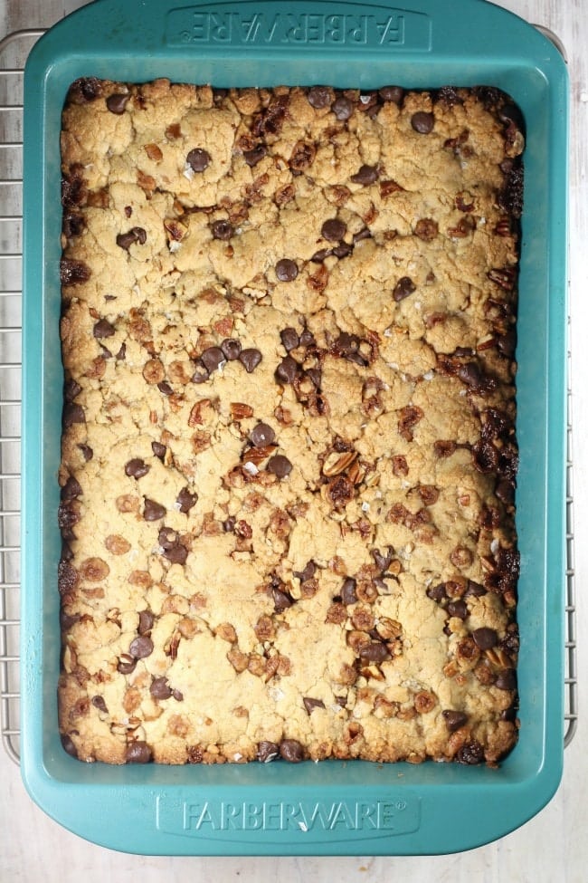 baked pan of salted caramel cookie bars 
