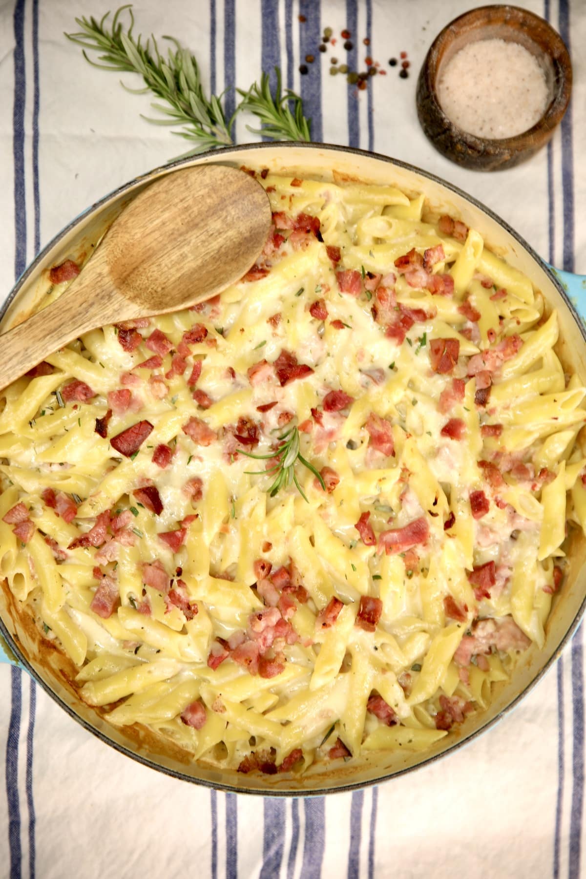 Pan of baked ham penne pasta casserole. Pan of baked ham penne pasta.