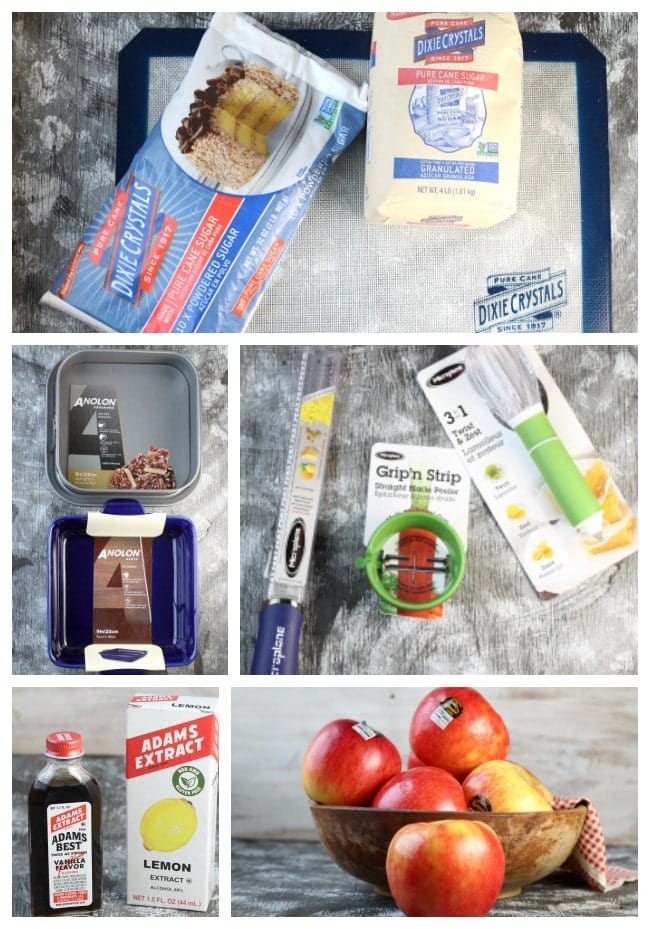 Dixie Crystals Sugar, Anolon Baking Dish and Square Springform Pan, Microplane graters, Adams flavorings and Ranier Apples photo collage