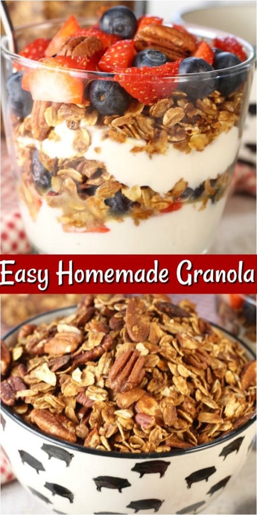 Photo Collage of Homemade Granola - top photo parfait with yogurt ~ bottom photo bowl of granola