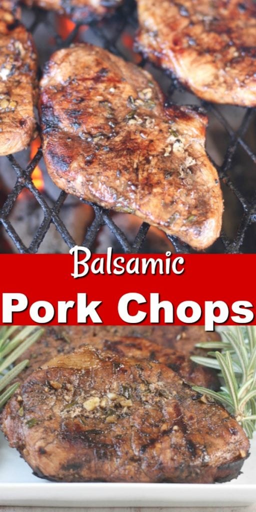 Balsamic Pork Chops ~ Easy marinade with garlic and rosemary. Great for grilling or baking. #grilling #porkchops 