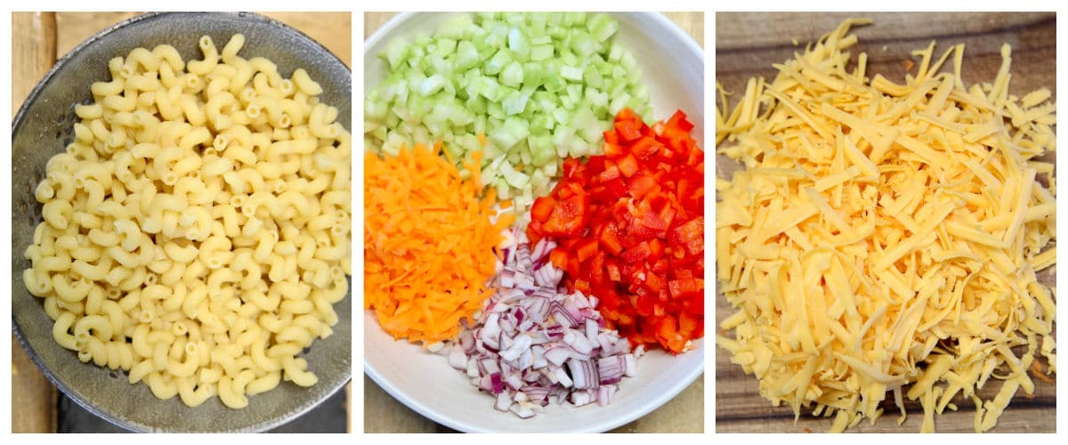 Collage: macaroni in colander, chopped vegetables in bowl, shredded cheese.