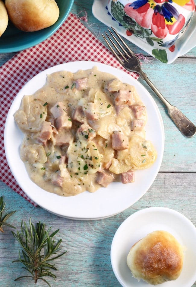 Slow Cooker Cheesy Ham and Potato Casserole plated