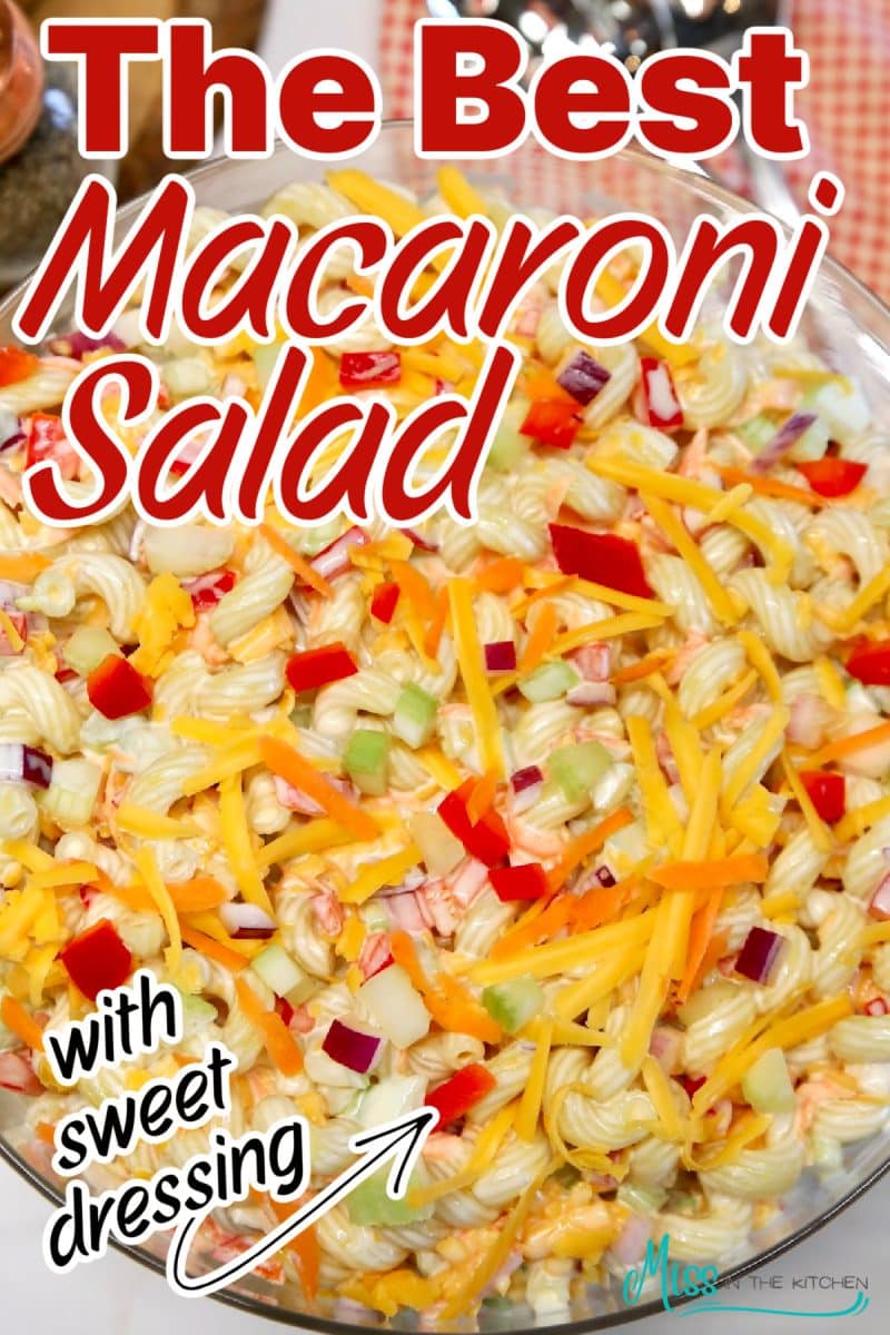 Bowl of macaroni salad with text overlay.