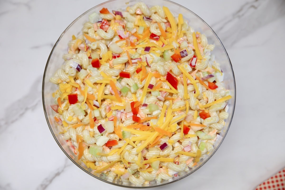 Sweet macaroni salad in a bowl.