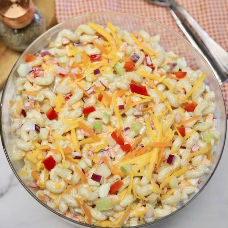 Bowl of macaroni salad.