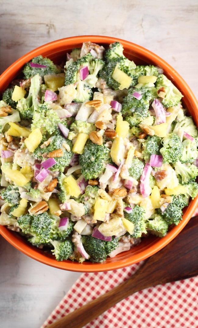 Broccoli Pineapple Salad with red onions, bacon and pecans