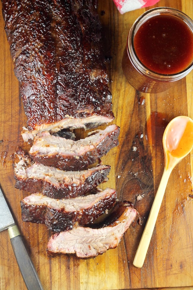 Dr Pepper Barbecue Baby Back Ribs Sliced with Dr Pepper Barbecue Sauce
