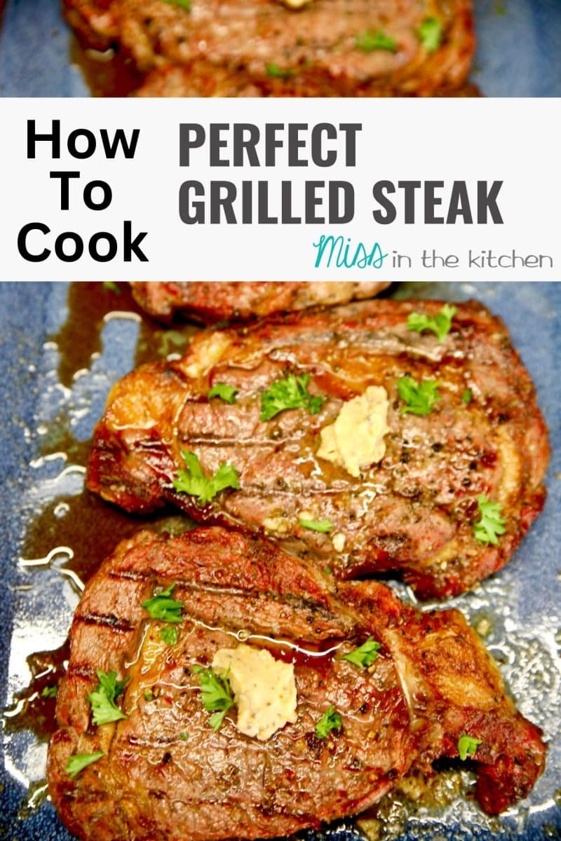 Perfect grilled steak on a platter - text overlay.