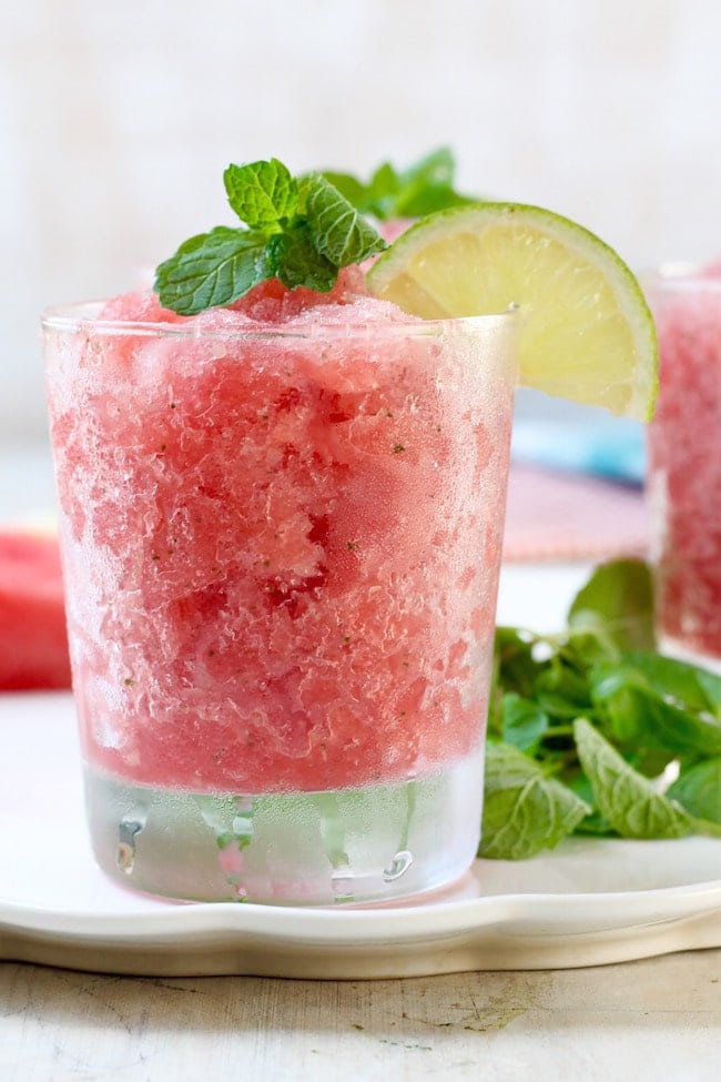 Watermelon Mojito Slushie with fresh mint and lime