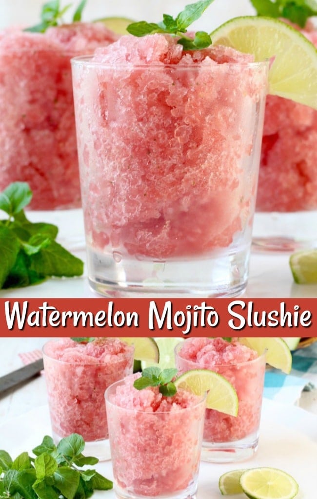 A Watermelon Mojito Slushie is just what you need to keep cool this summer! Sweet watermelon, fresh lime, mint and a splash of rum makes for a refreshing summer treat to enjoy at your next cookout or backyard party.