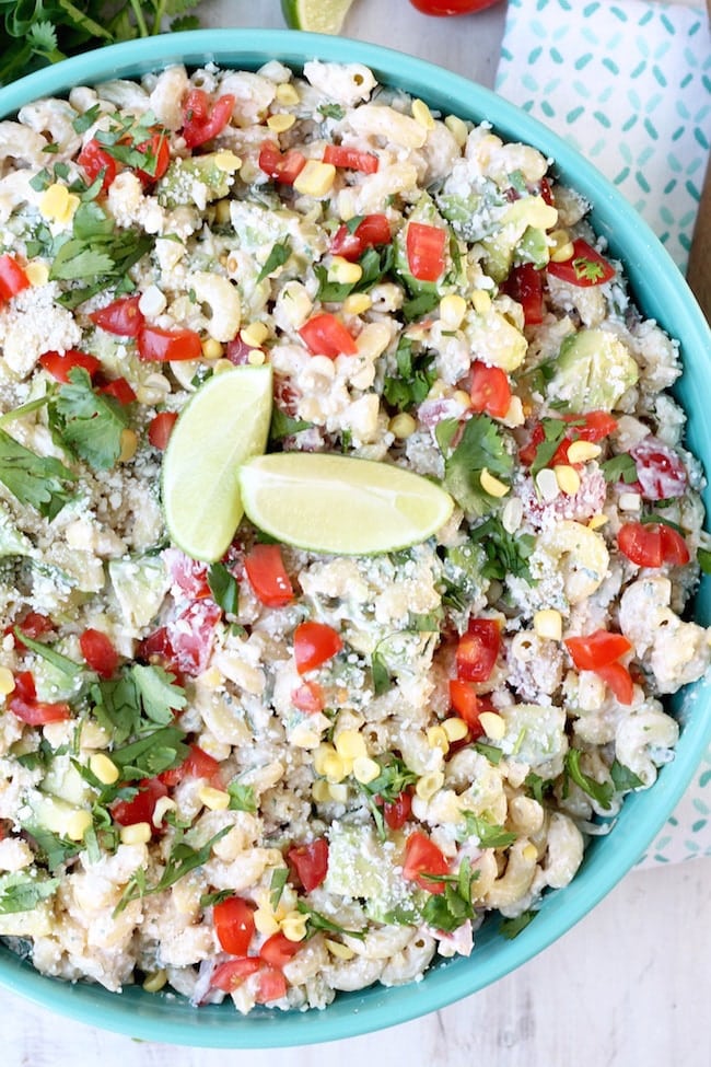 Mexican Street Corn Pasta Salad with avocado and tomatoes