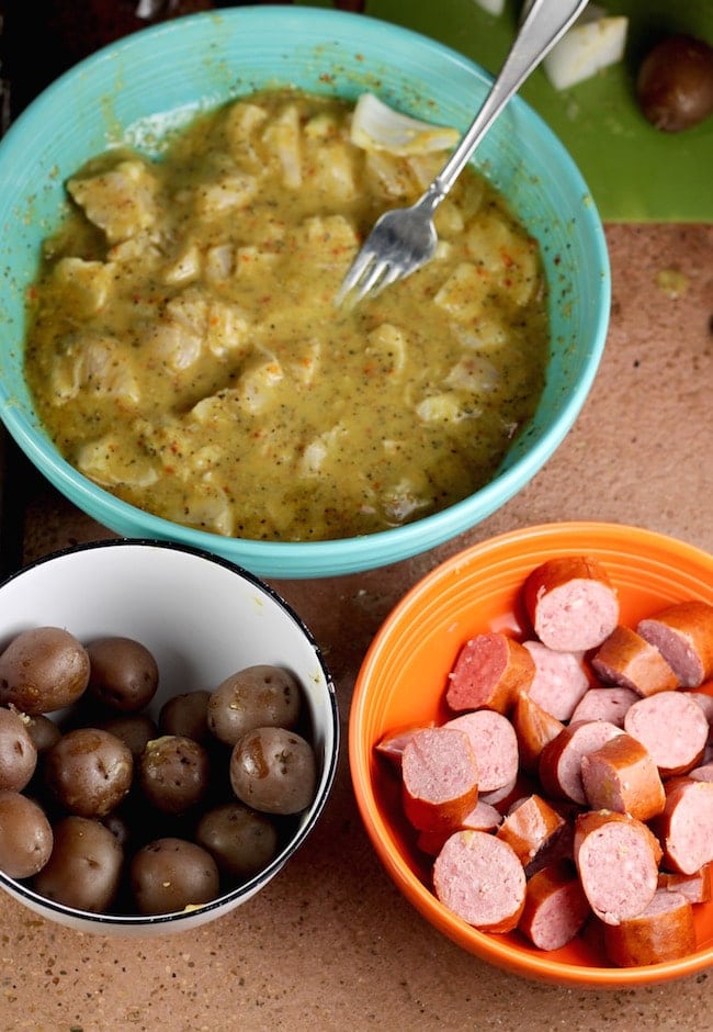 ingredients for Chicken, Smoked Sausage & Potato Kabobs