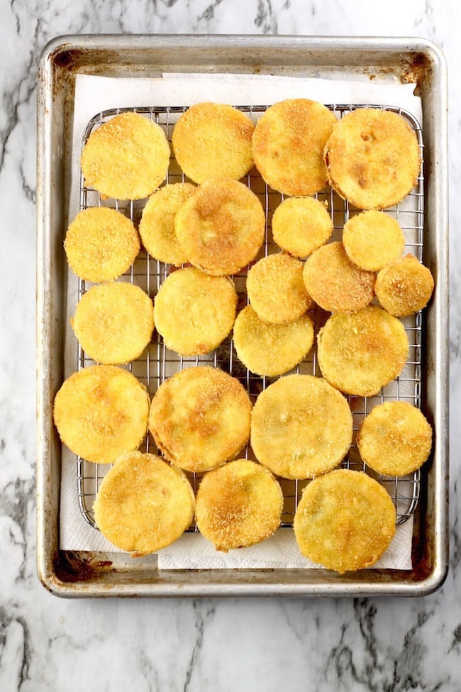 Fried Squash drained on a wire rack