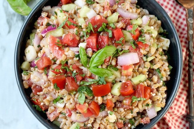 Greek Farro Salad with cucumbers, tomatoes, red onion and lemon vinaigrette