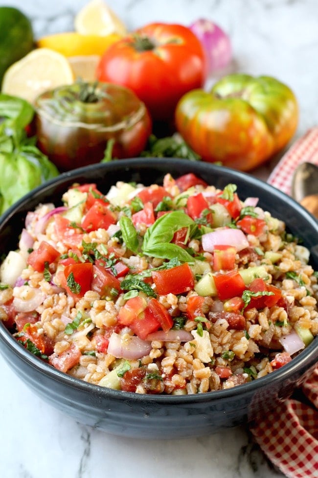 Greek Farro Salad with tomatoes, cucumbers and feta cheese