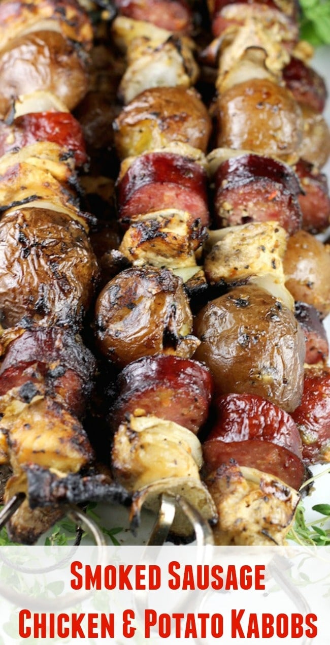Smoked Sausage, Chicken & Potato Kabobs with vidalia onions