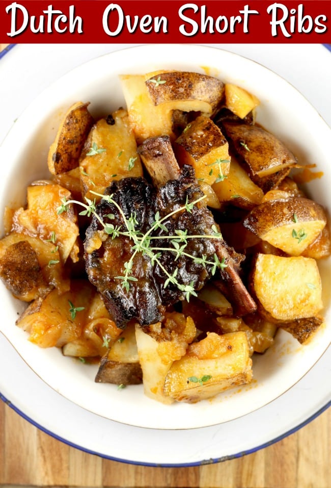 Dutch Oven Short Ribs with potatoes and onions is slow cooked over a campfire or in your oven create the most tender and flavorful beef ribs that you have ever tried. This recipe is surprisingly simple and incredibly delicious! #campfire #dutchoven #comfortfood #beefribs #shortribs #missinthekitchen
