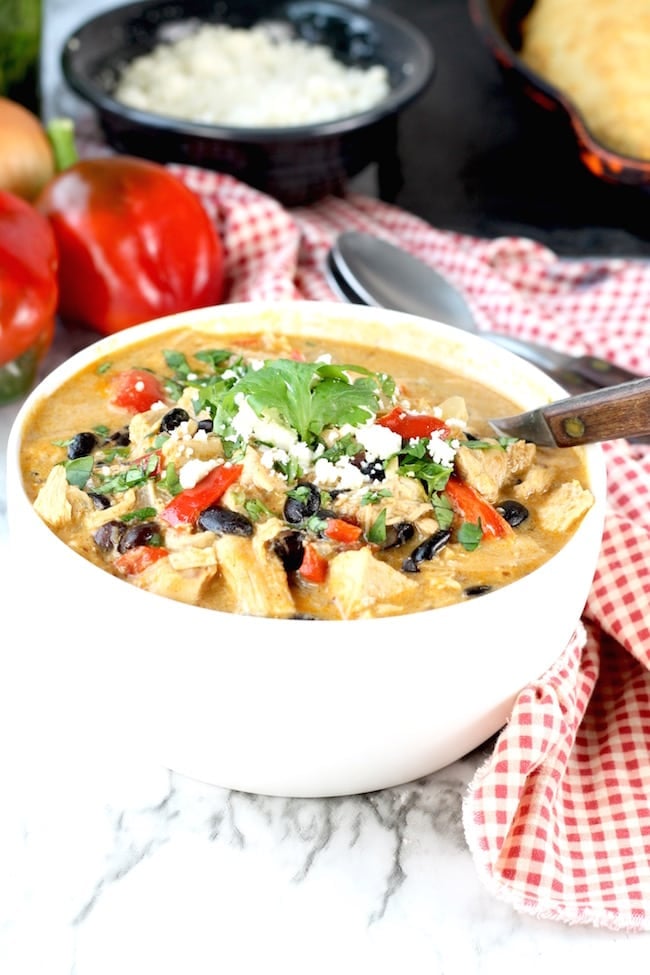 Smoked Chicken and Black Bean Chili with red peppers and onions