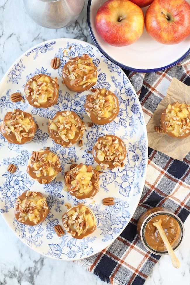Platter of Caramel Apple Mini Cheesecakes topped with Pecans
