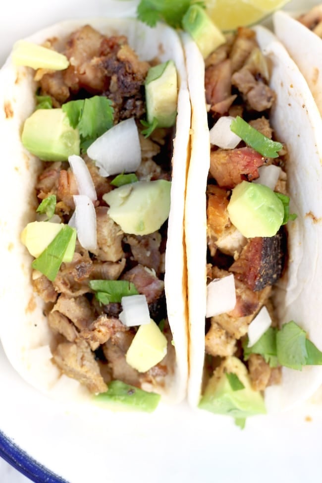 Smoked Pork Carnitas Tacos with avocado 