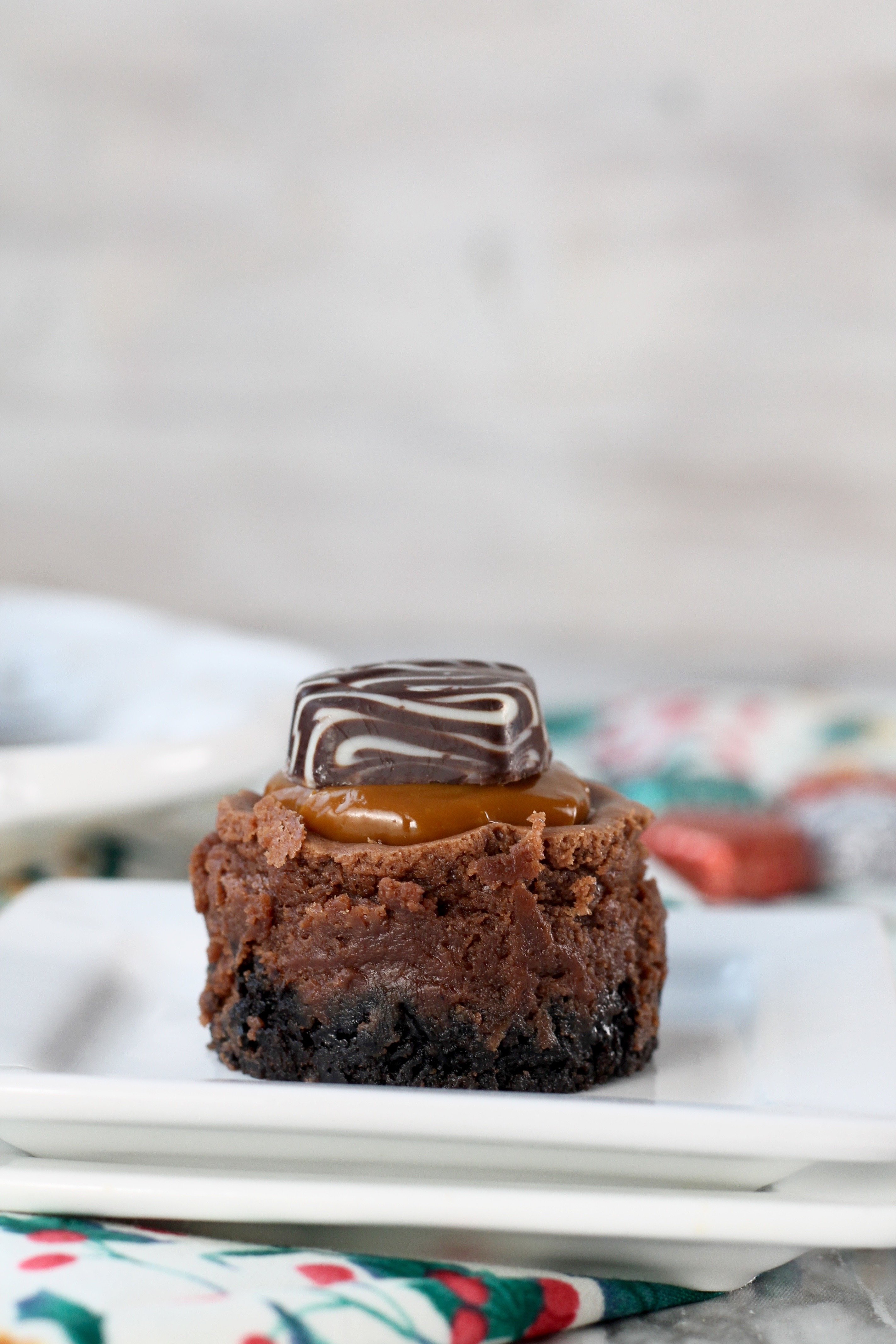 Mini Dove Cheesecake with dulce de leche caramel and chocolate cheesecake