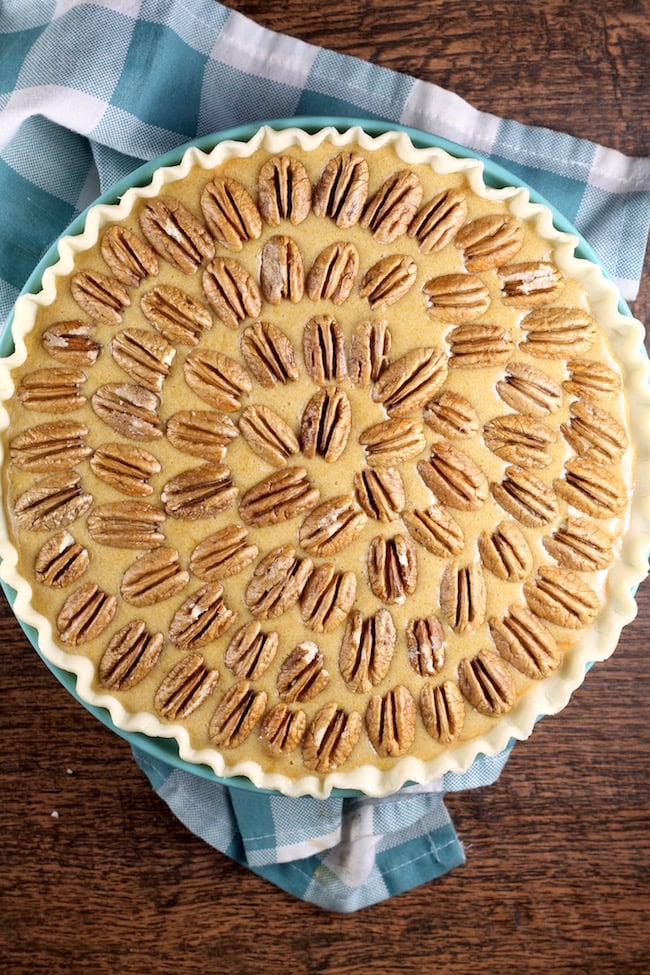 Pumpkin Pecan Pie with Whole Pecans ready for the oven