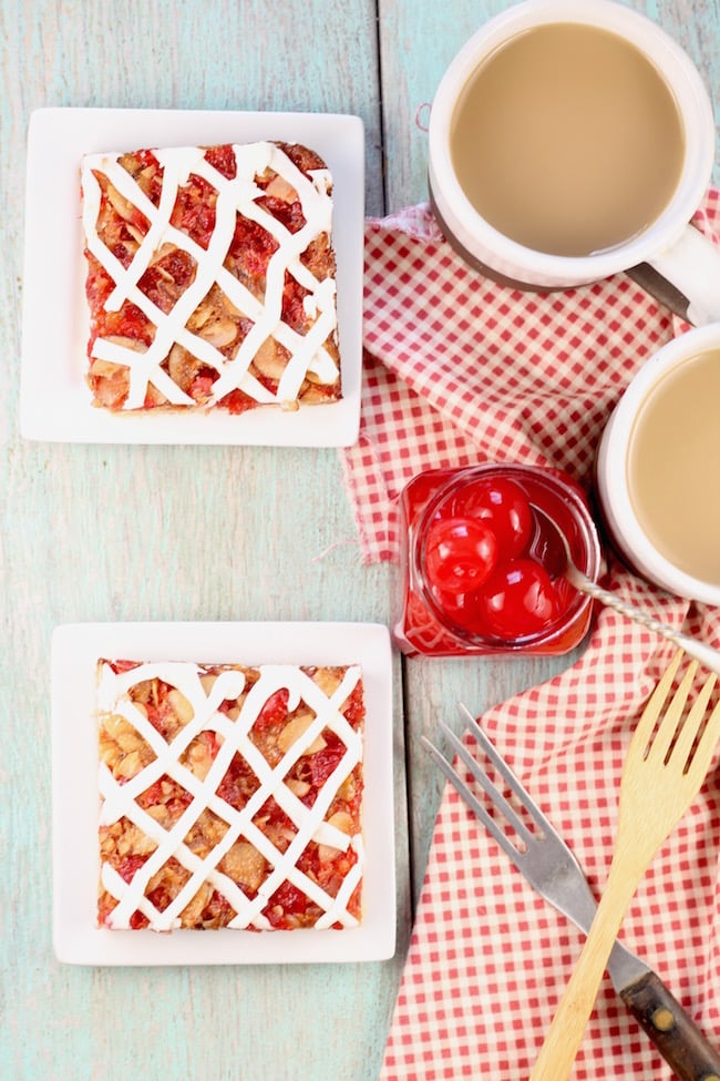 Cherry Almond Dessert Bars with cream cheese icing 