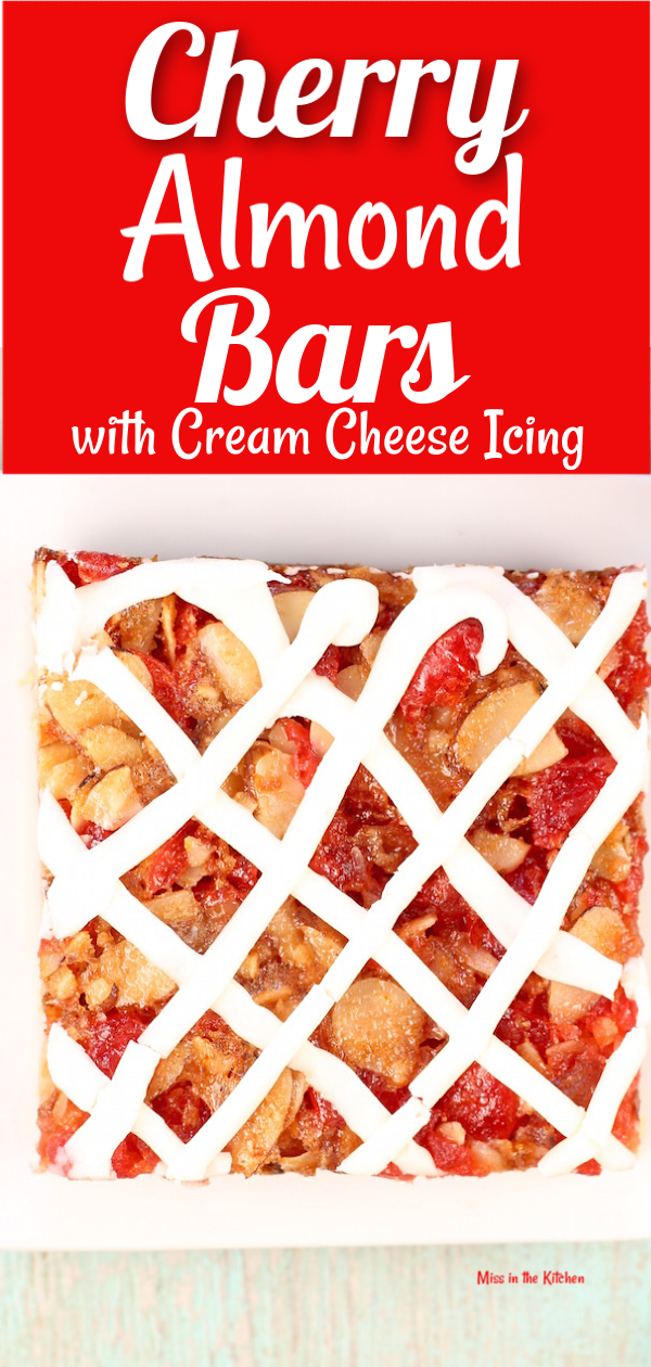 Cherry Almond Bars with maraschino cherries and cream cheese icing