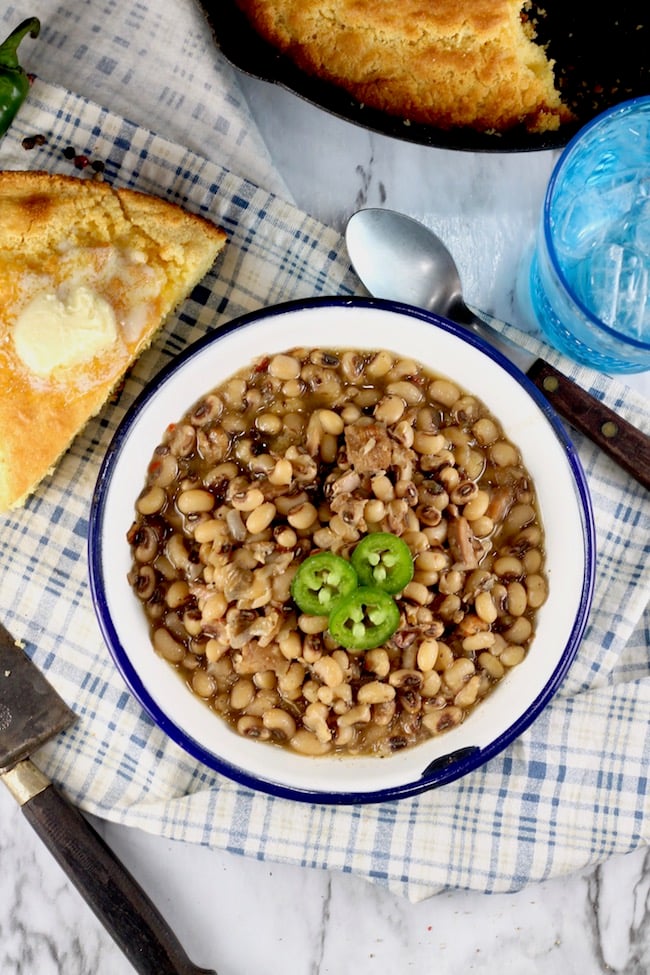 Crock Pot Black Eyed Peas with buttery skillet cornbread