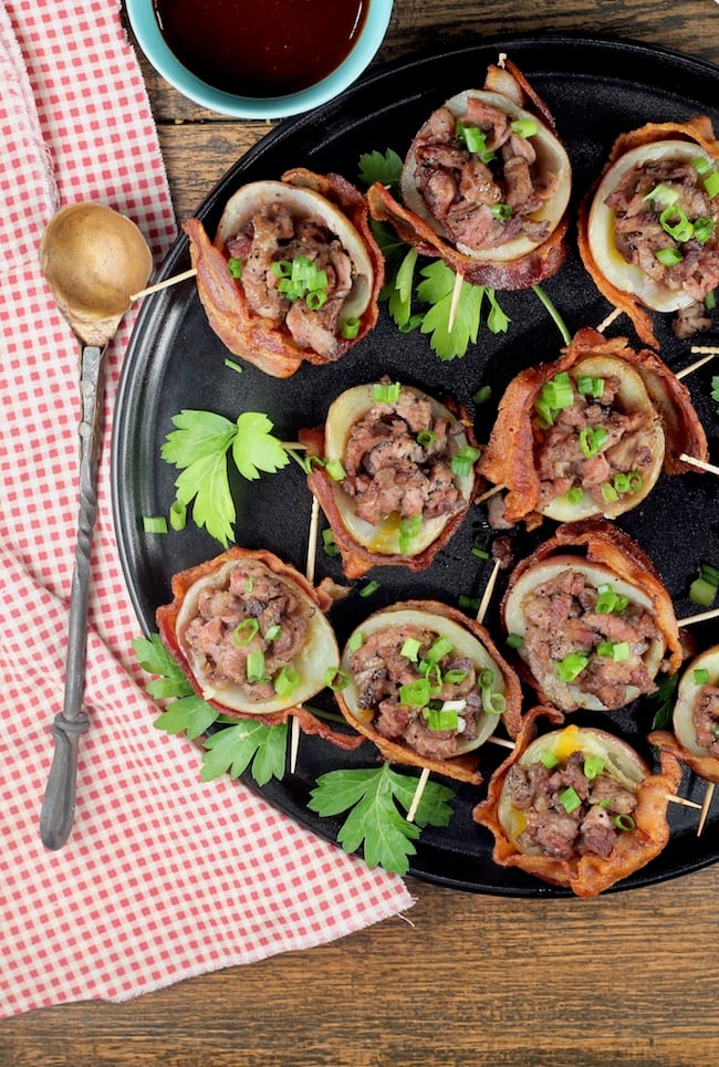 Loaded Potato Skins wrapped in bacon and stuffed with cheese and smoked roast beef