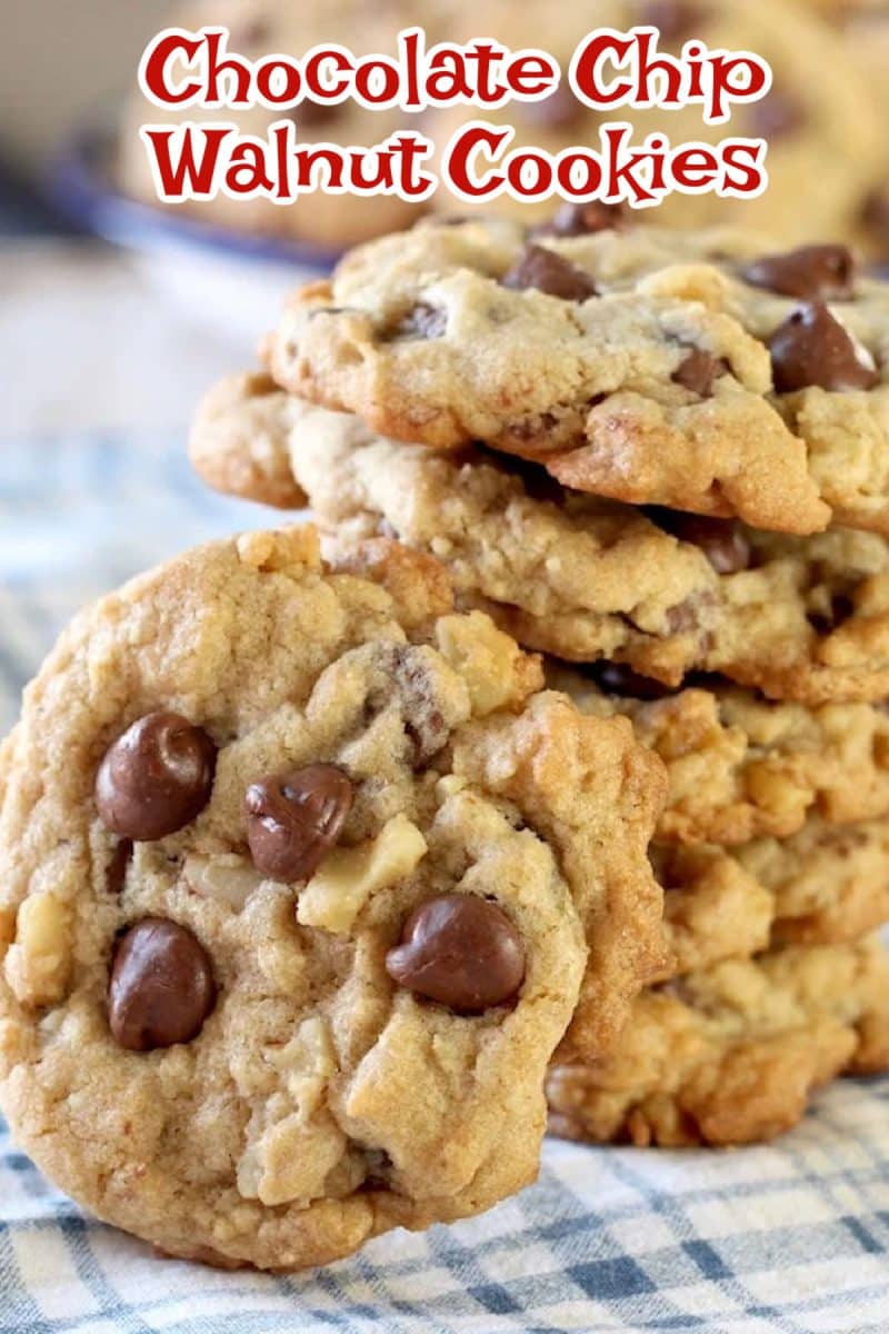 Stack of chocolate chip walnut cookies - text overlay.