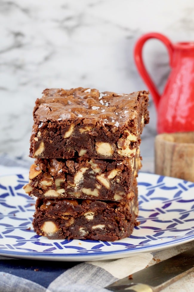 Walnut Brownies with caramel and topped with flake salt